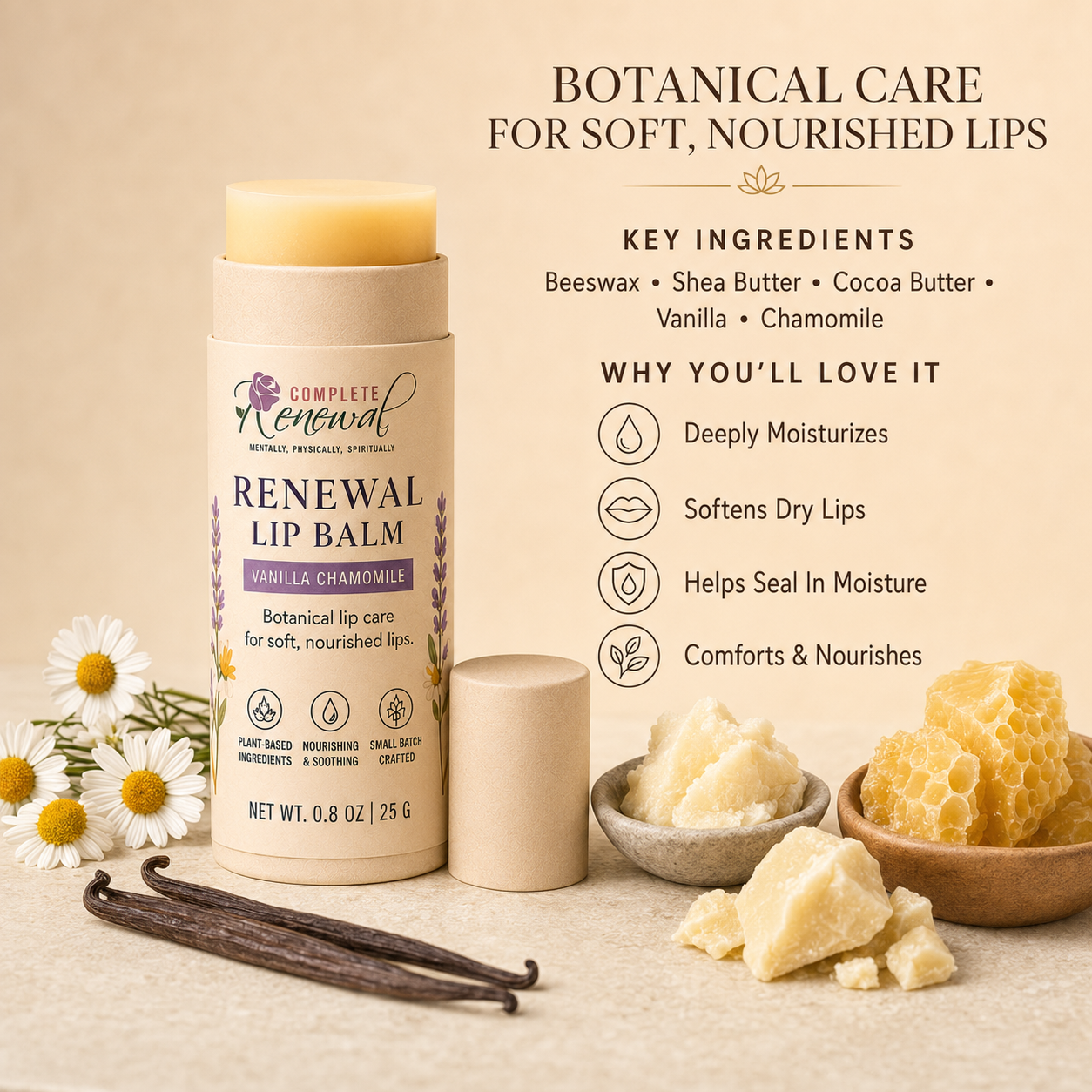 Renewal Lip Balm | Vanilla Chamomile Botanical Lip Care — 0.8 oz