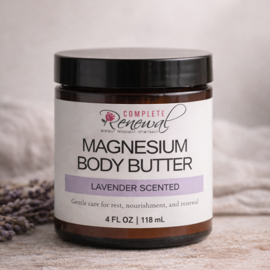 4 oz Lavender Magnesium Body Butter jar by Complete Renewal on neutral linen with dried lavender, natural wellness skincare product.