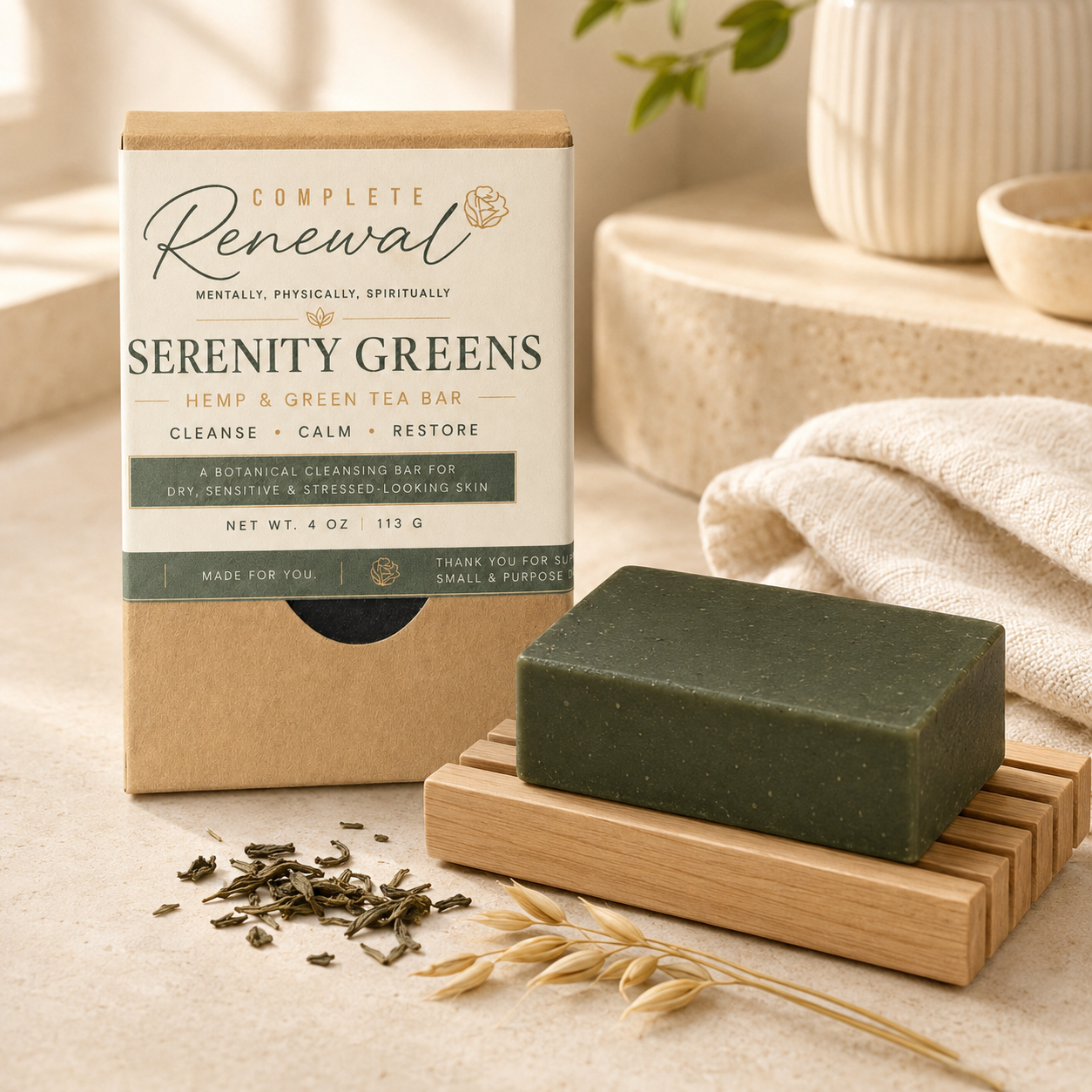 Serenity Greens™ Hemp + Green Tea Renewal Bar | Gentle Botanical Cleanser for Dry, Sensitive Skin — 4 oz