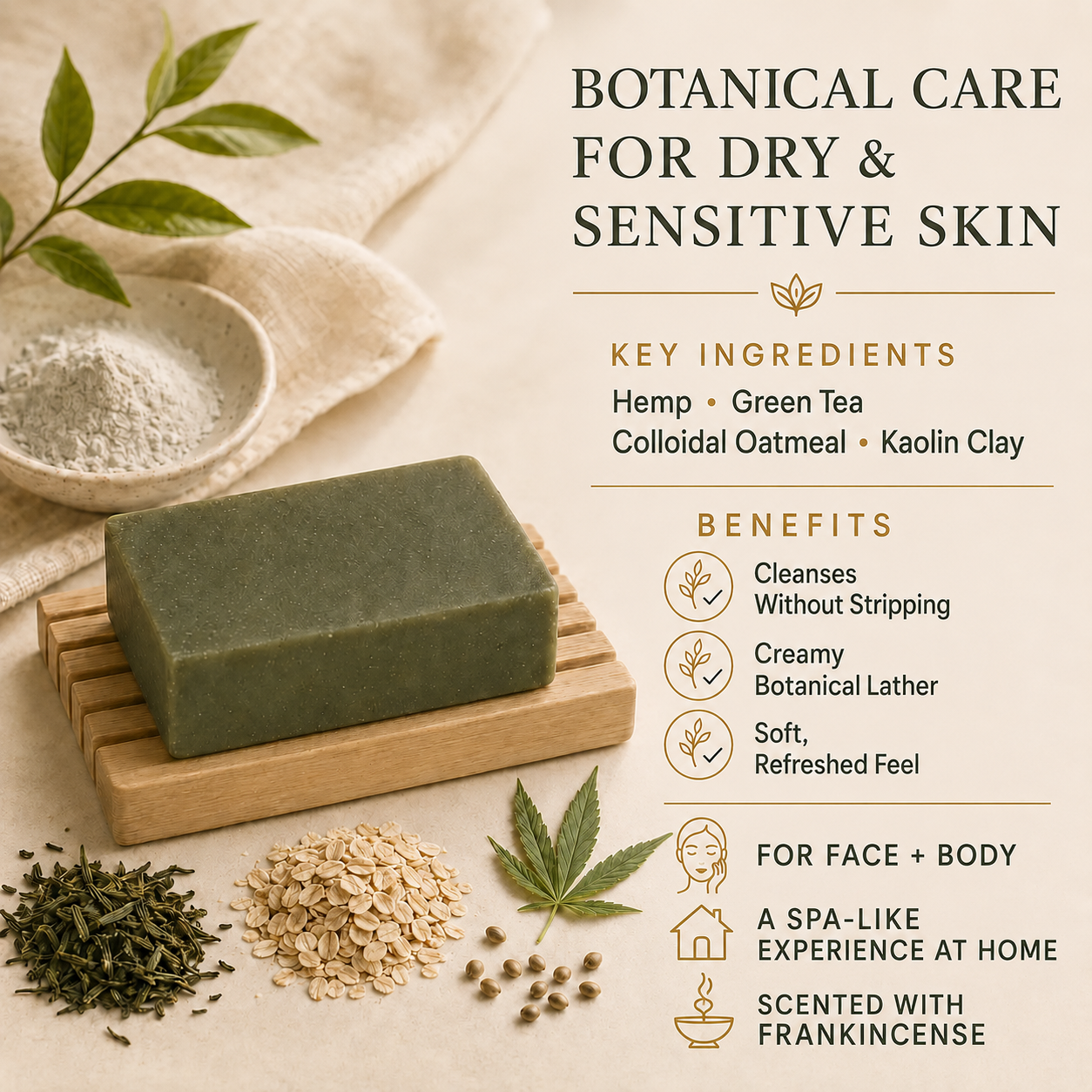 Serenity Greens™ Hemp + Green Tea Renewal Bar | Gentle Botanical Cleanser for Dry, Sensitive Skin — 4 oz