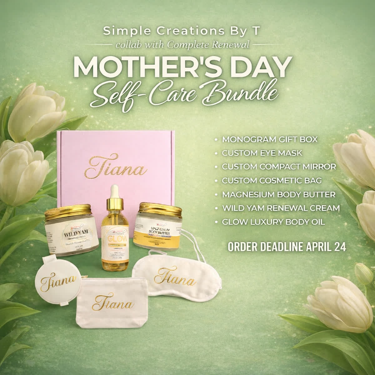 Mother’s Day self-care bundle with personalized gift box eye mask compact mirror and wellness products