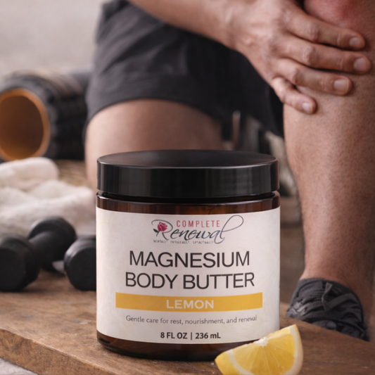 8 oz Lemon Magnesium Body Butter beside athlete massaging leg muscles, post-workout recovery skincare by Complete Renewal.