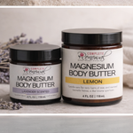 4 oz and 8 oz Magnesium Body Butter jars in Lavender and Lemon scents displayed together on neutral spa background.