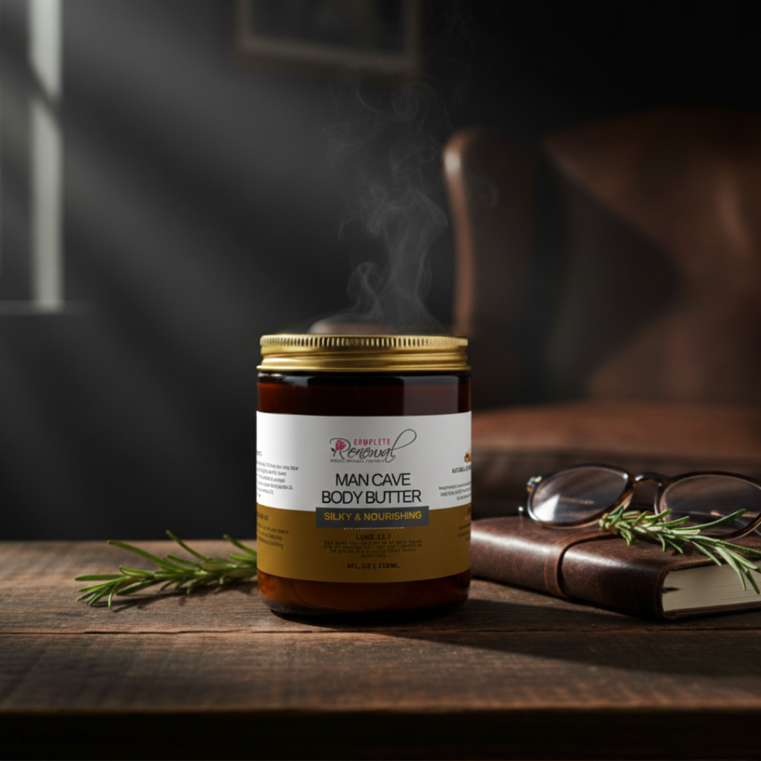 Silky, nourishing men’s body butter made with organic shea butter + botanicals. Warm masculine scent: Egyptian musk, patchouli & sandalwood. 4 oz. Handmade in Florida.