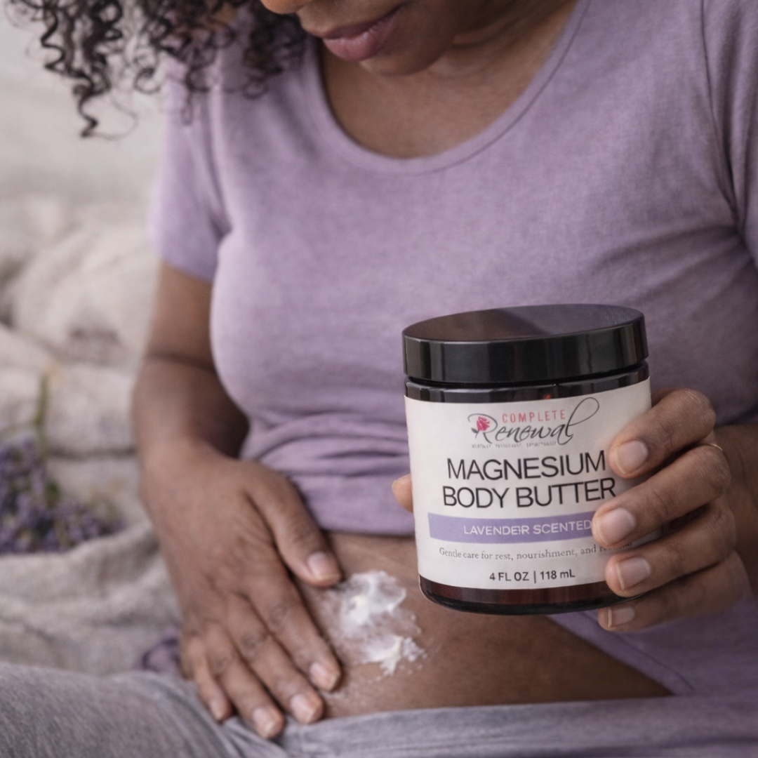 Close-up of whipped magnesium body butter texture on ceramic plate, rich creamy consistency for muscle and skin nourishment.