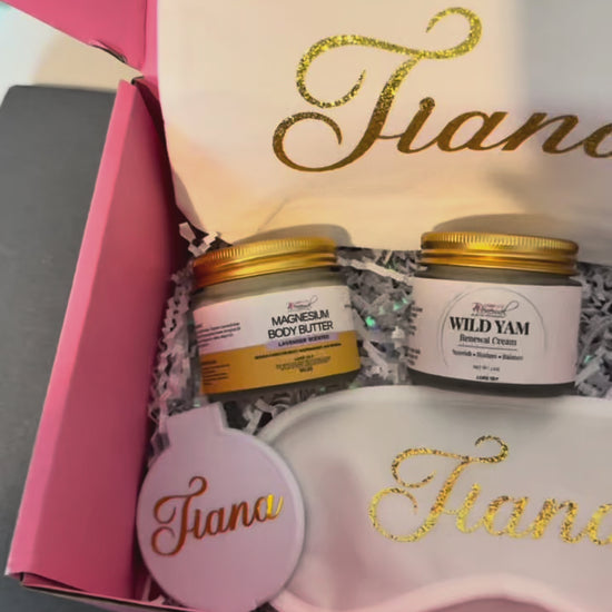 Personalized pink Mother’s Day gift box for mom with custom name and self-care essentials