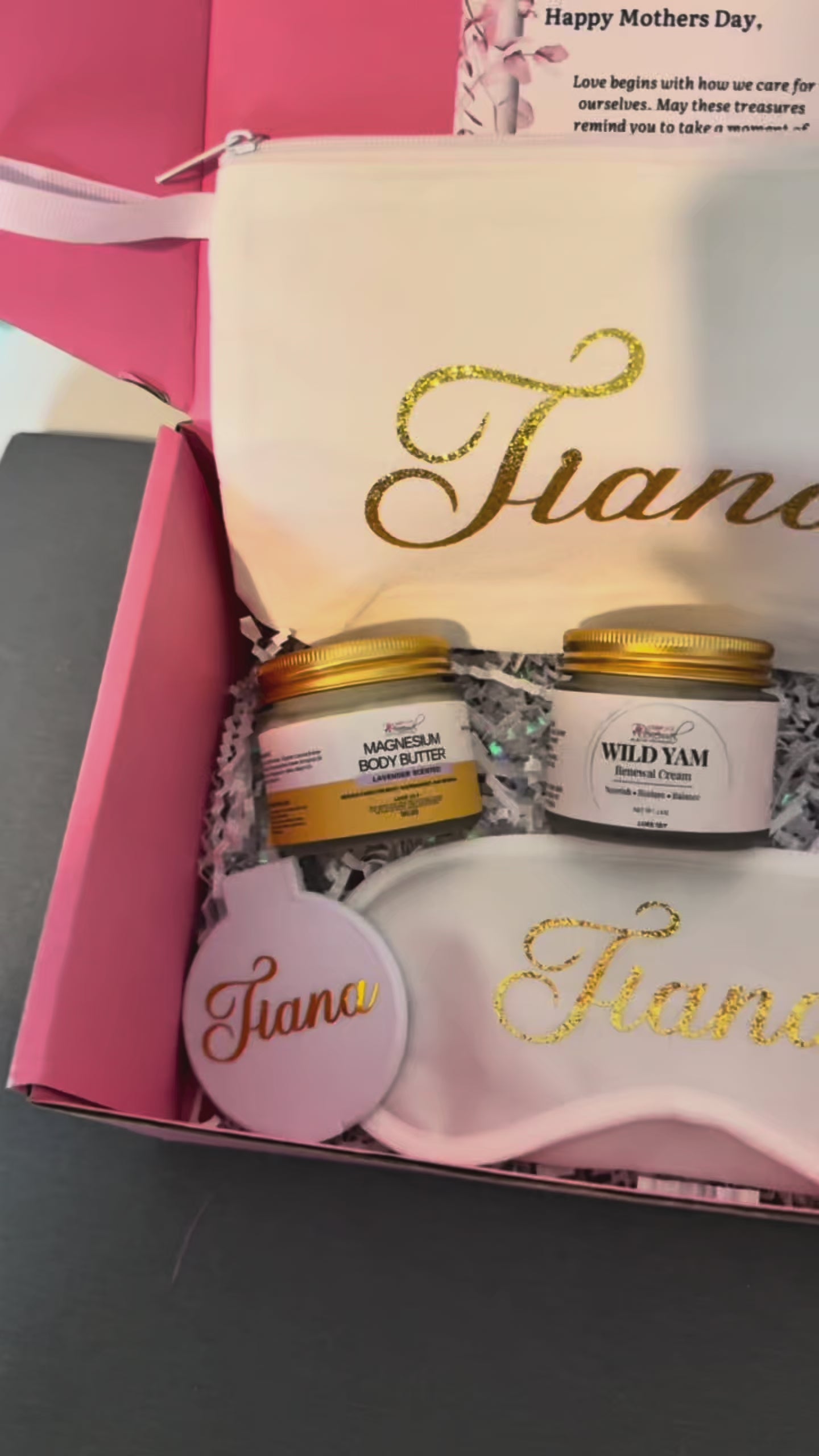 Personalized pink Mother’s Day gift box for mom with custom name and self-care essentials