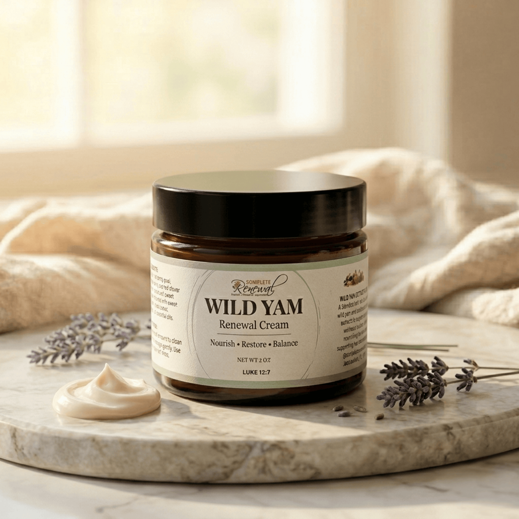 Wild yam renewal cream in amber jar for women’s wellness and natural support